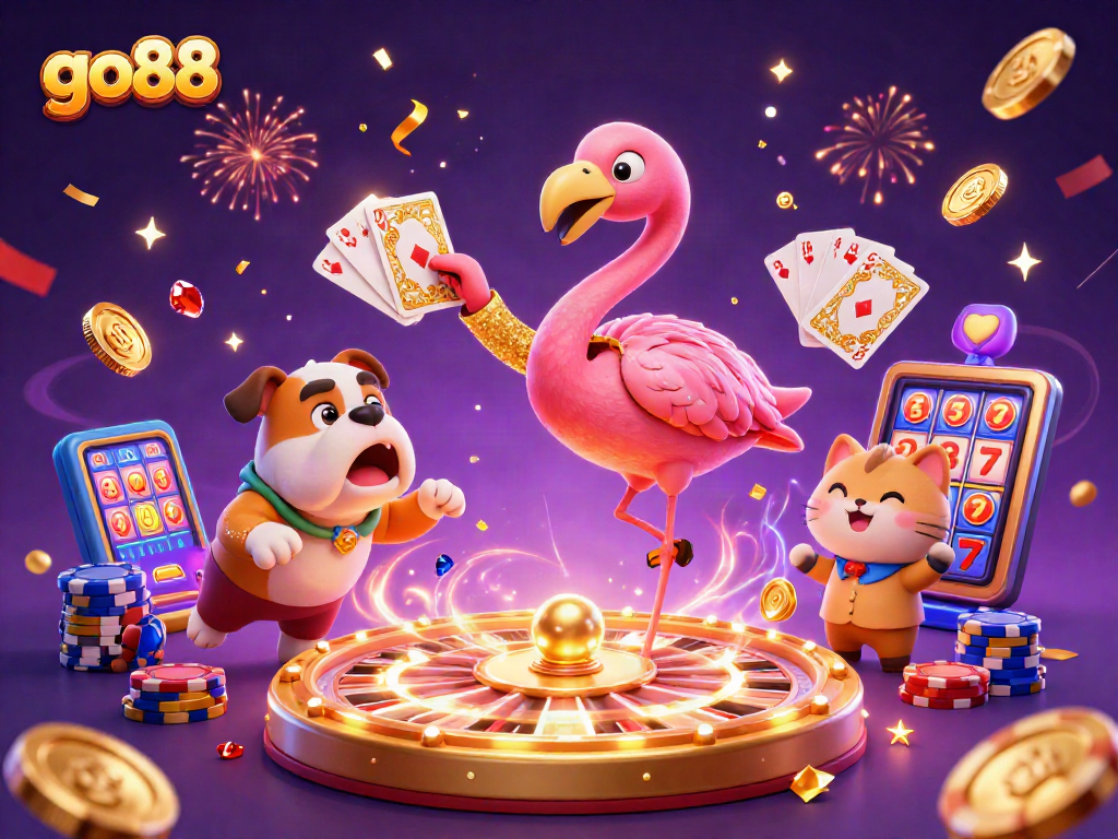 Engage with go88's gaming excitement through vibrant 3D casino illustrations of prizes and characters.