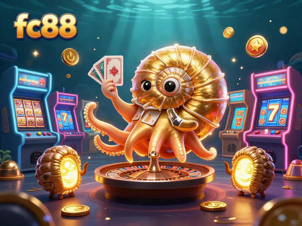 Engage with fc88's exciting gaming experience featuring a giant nautilus roulette wheel surrounded by vibrant casino elements.