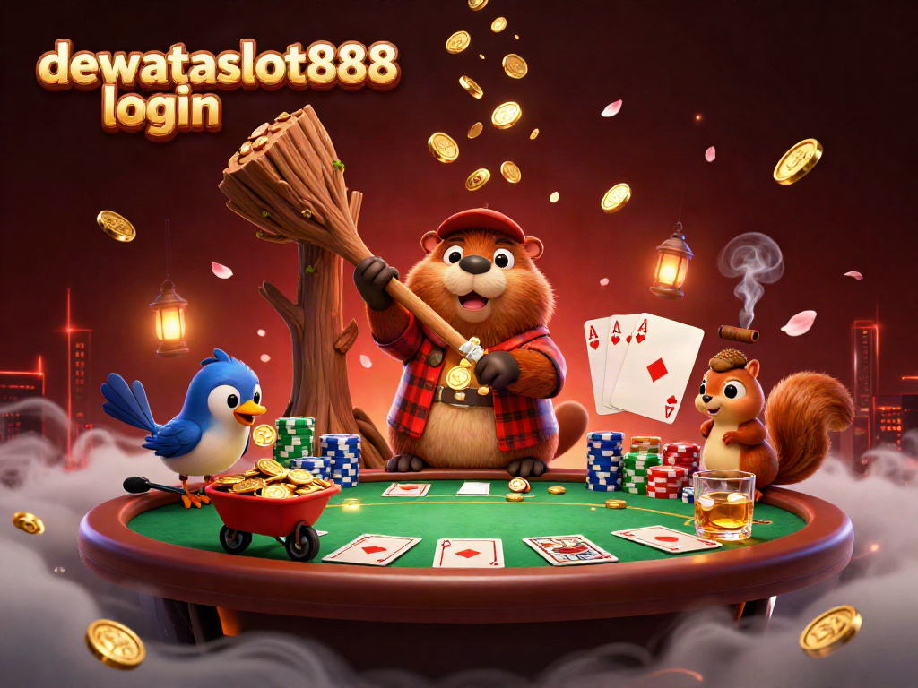 Permainan kartu remi di dewataslot888 login menampilkan suasana kasino yang hidup dengan karakter kartun.