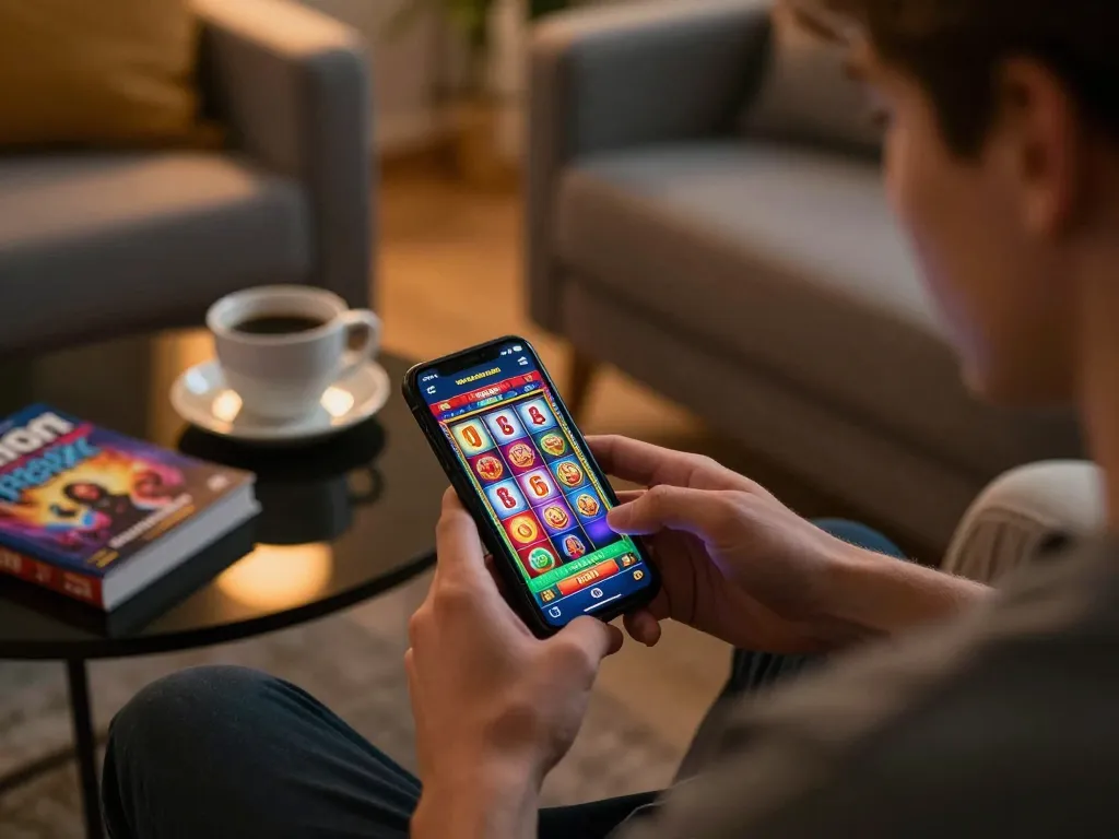 32win player enjoying online slots on mobile with colorful reels in cozy living room.
