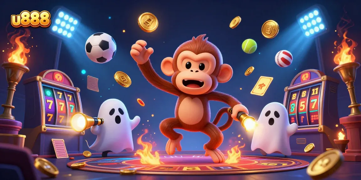 Experience thrilling gaming with u888's ghostly monkey revealing hidden treasures in a haunted casino.