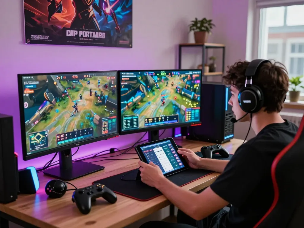 Engaged gamer analyzing esports bets on multiple screens while navigating the world of esports betting at https://gglbetsg.org/gglbet-sg/singapore-esports-betting-guide/ in a high-tech gaming setup.