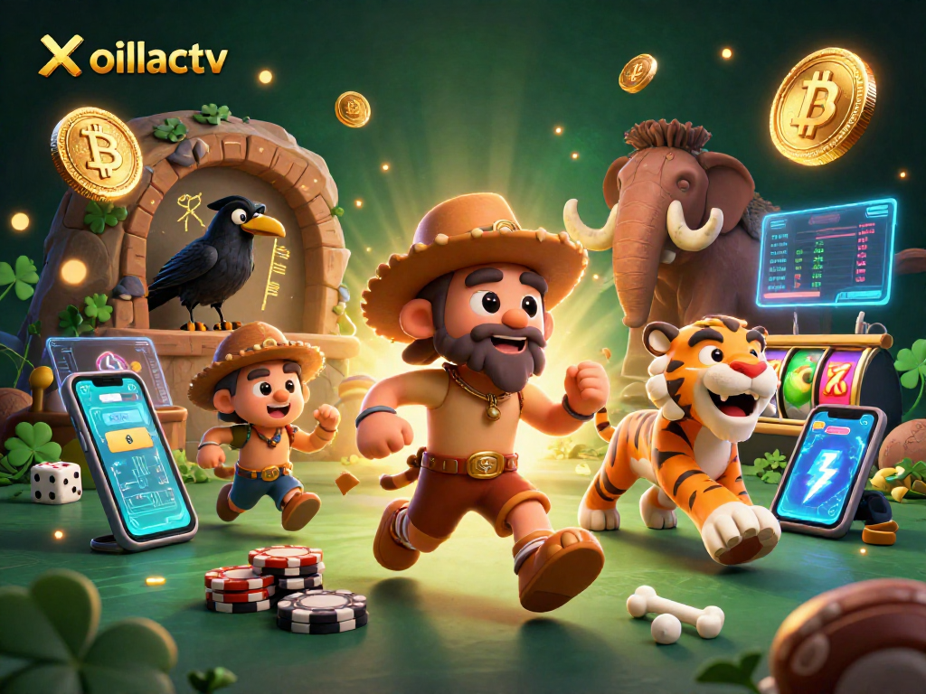 Xoilactv showcases a vibrant prehistoric casino scene with crypto elements and classic gaming symbols.