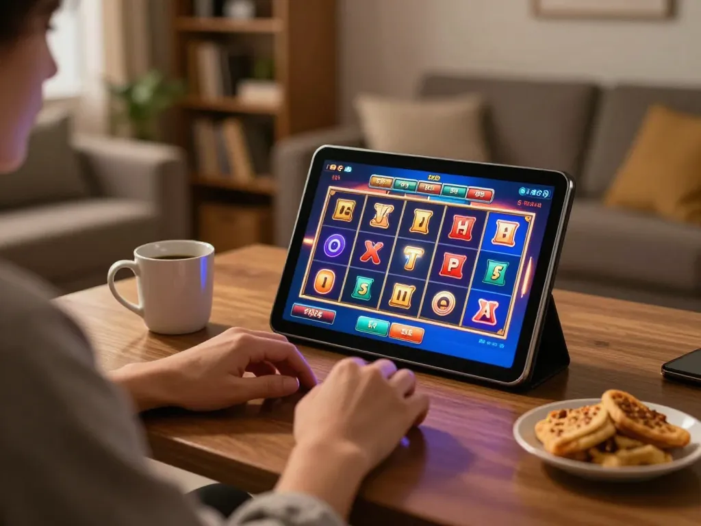 Player enjoying slots on RR88 at home with tablet, showcasing vibrant gameplay experience