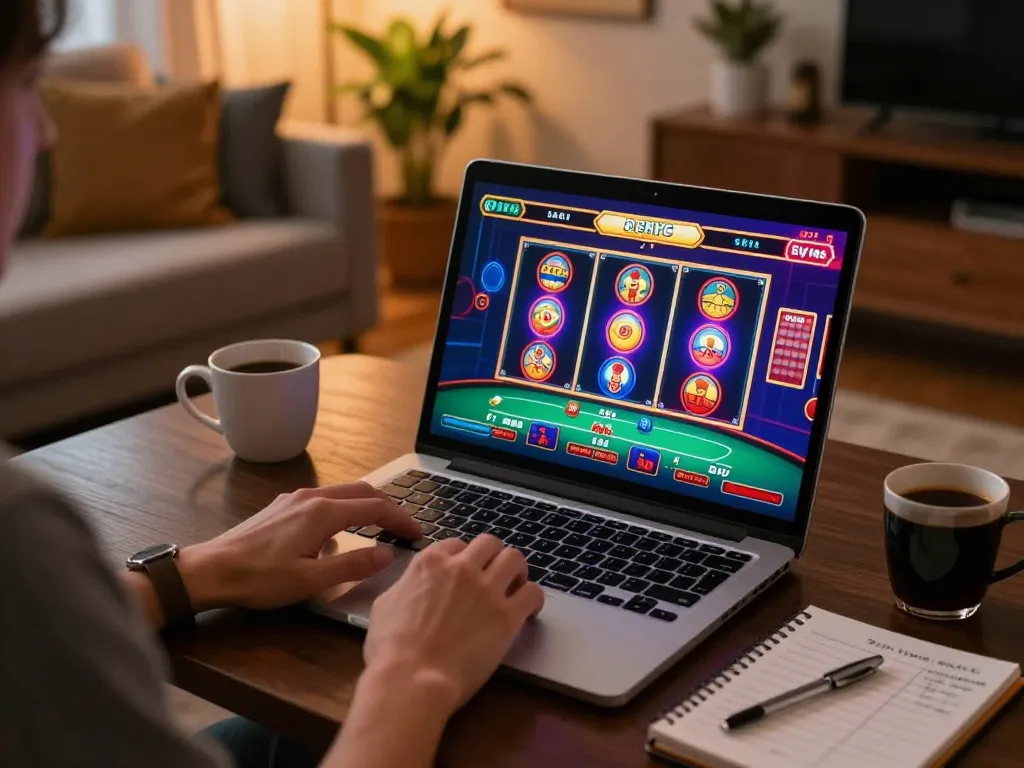 Player engaging in an exciting ku win online casino game while enjoying a comfortable home atmosphere