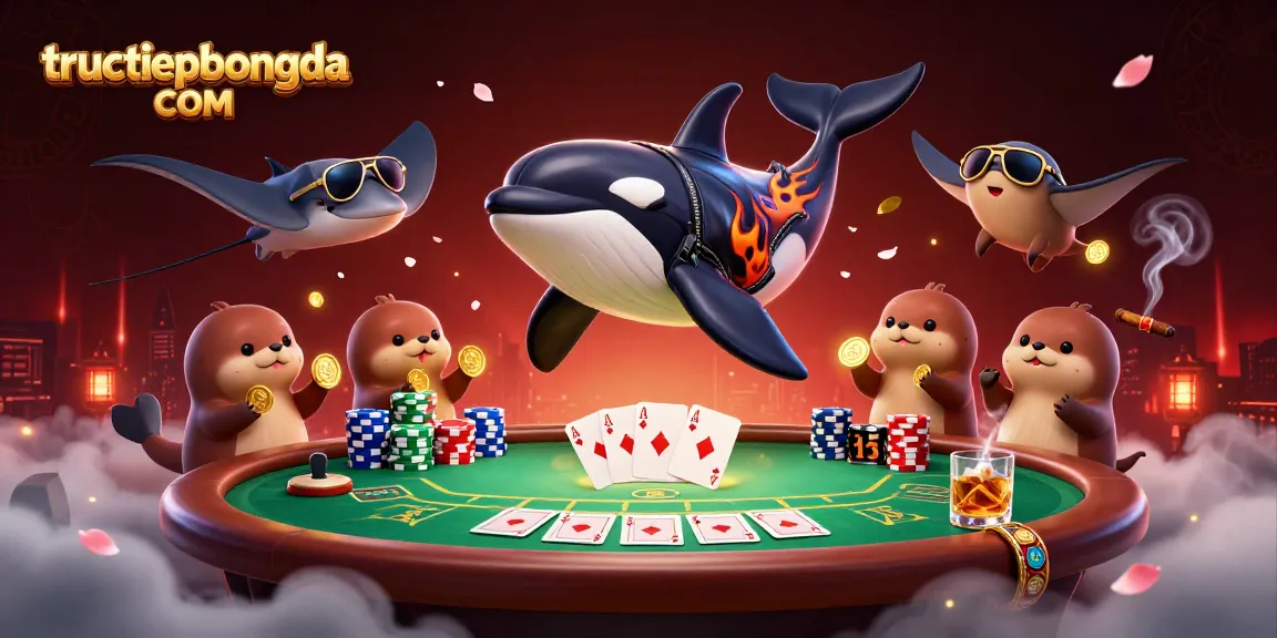 Experience thrilling online betting action with tructiepbongda COM as an orca jumps amidst a poker scene filled with colorful chips.