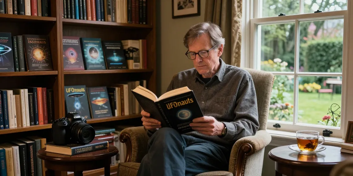 T. Allen Greenfield reading 'UFOnauts' in a cozy library at https://tallengreenfield.com, showcasing spirituality and UFO studies.