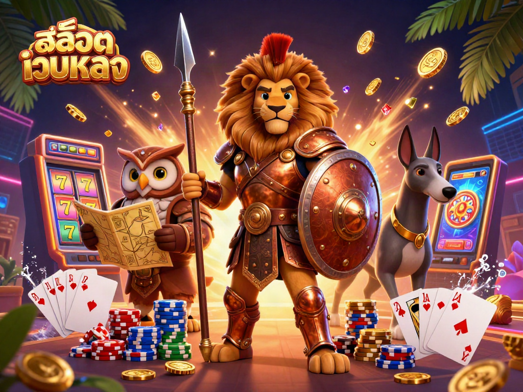 Experience thrilling สล็อตเว็บตรง gaming with a heroic lion guardian amidst dazzling casino elements.