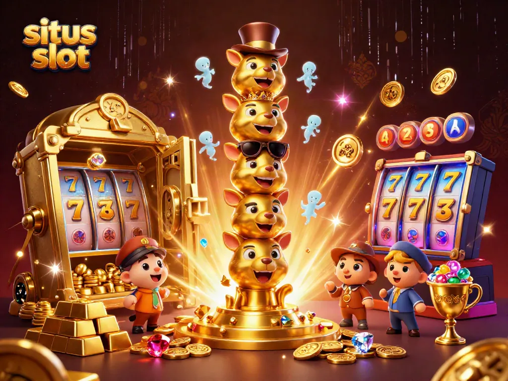 Mainkan situs slot dengan simbol keberuntungan dan totem ceria di latar belakang yang mewah.