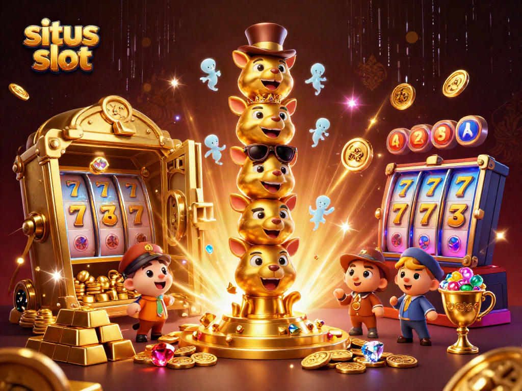 Mainkan situs slot dengan simbol keberuntungan dan totem ceria di latar belakang yang mewah.
