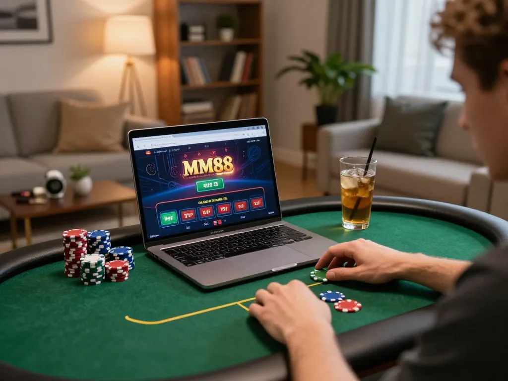 Engaged player using MM88 online casino platform with poker chips in a cozy home setting.