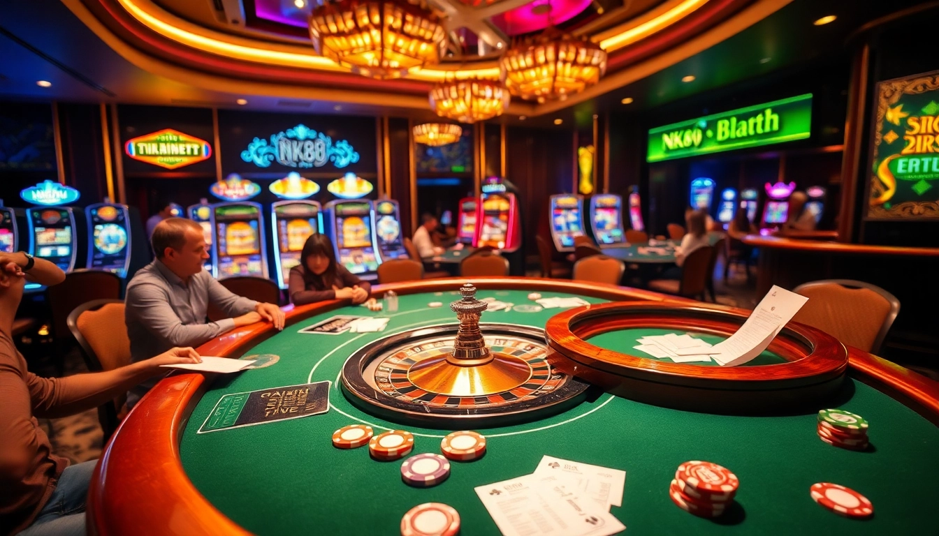 Players strategizing at a lavish casino poker table featuring NK88 betting chips and a roulette wheel.