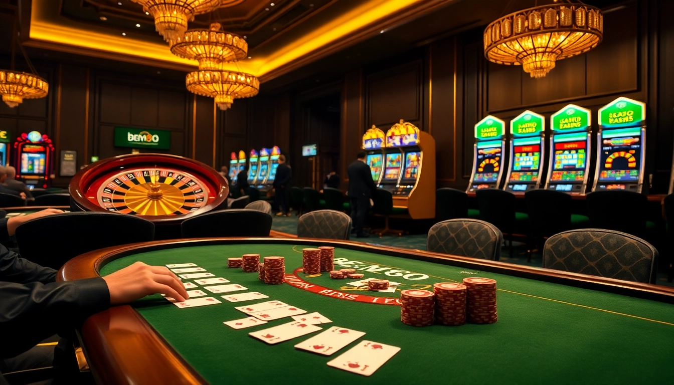 BEM88 thrilling casino scene showcasing a poker table with high-stakes chips and illuminated slot machines.