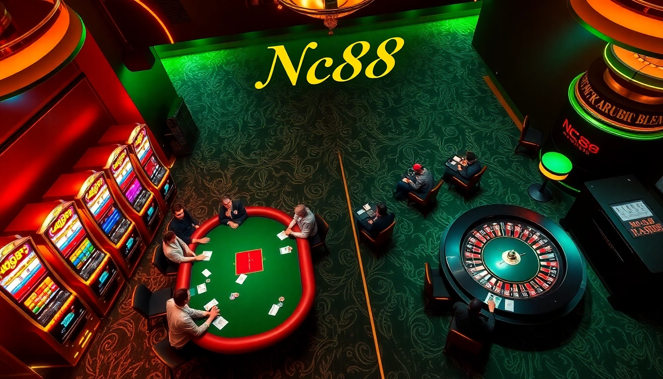 The Nc88 casino scene showcases poker players at a vibrant table surrounded by slot machines and a roulette wheel.