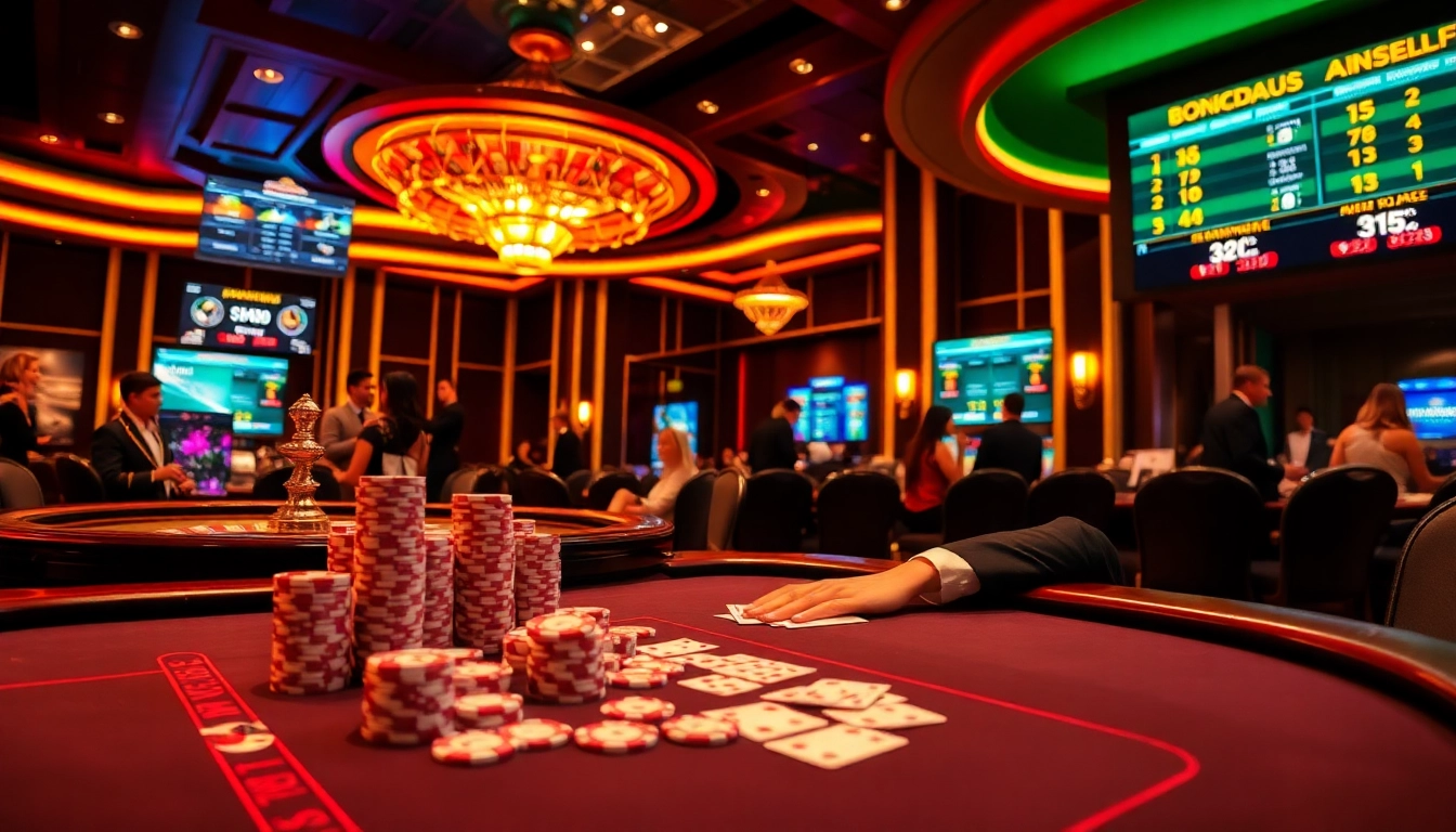 Bongdalu sports betting table showcasing live scores and vibrant poker chips amidst gambling excitement.