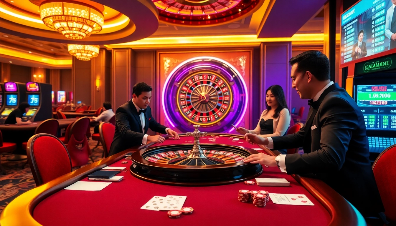 GA888 casino players enjoying an exciting poker game with colorful chips and cards.