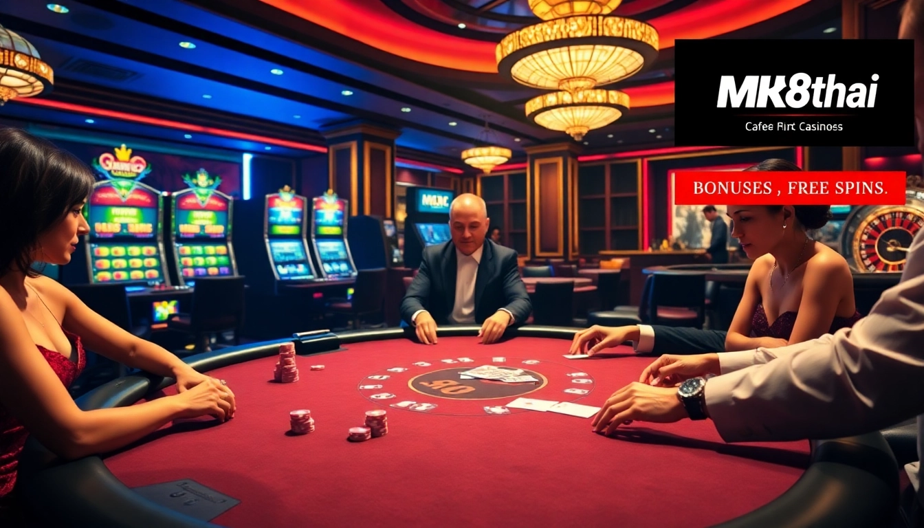 Players experiencing high-stakes poker at a luxurious MK8thai casino table, surrounded by vivid slot machines.