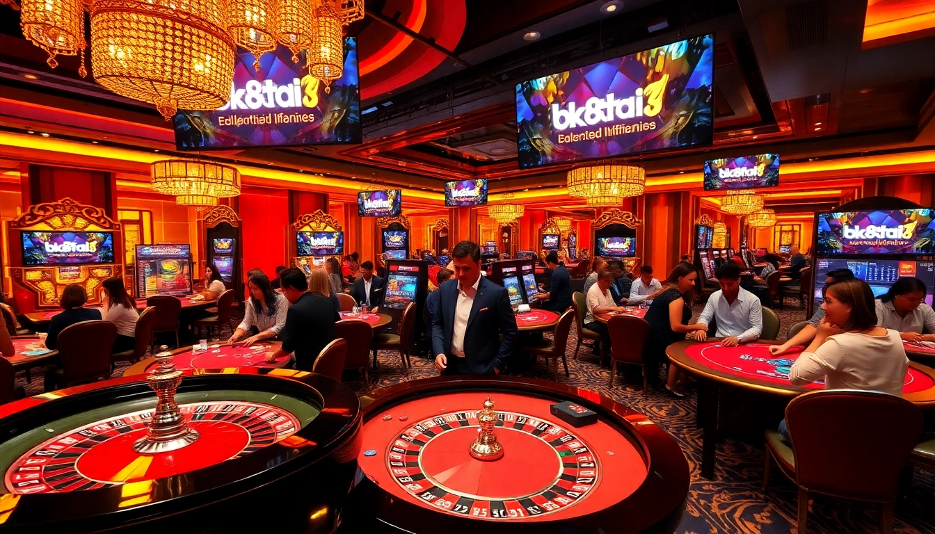 Players enjoy an exhilarating experience at bk8thai, surrounded by vibrant casino aesthetics.