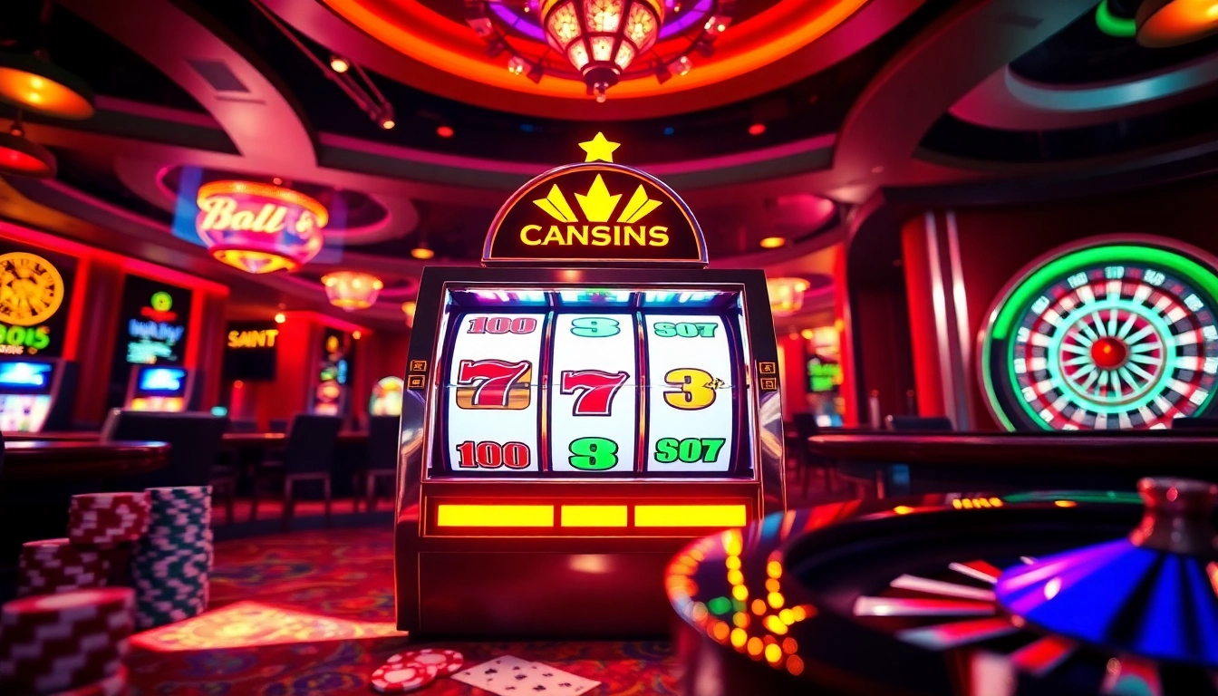 A vibrant slot machine in an upscale casino setting with colorful spinning reels and poker chips.