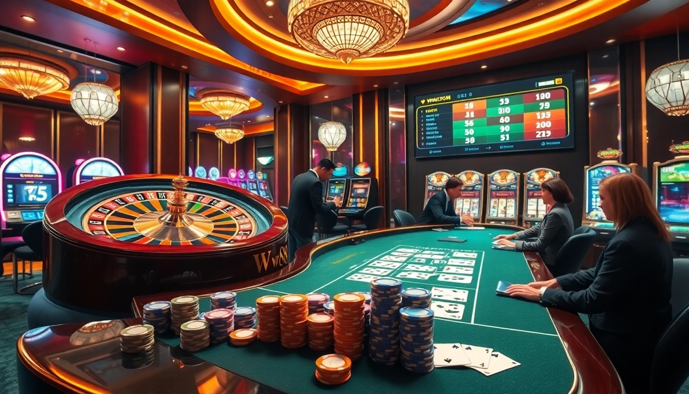 Engage in exciting games at ww88 com, featuring a vibrant casino scene with roulette and poker.