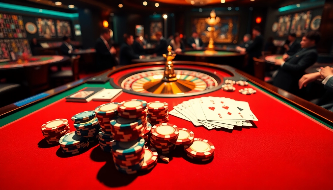 Engage in high-stakes gaming at an HDBET poker table with vibrant chips and cards, showcasing thrilling casino action.