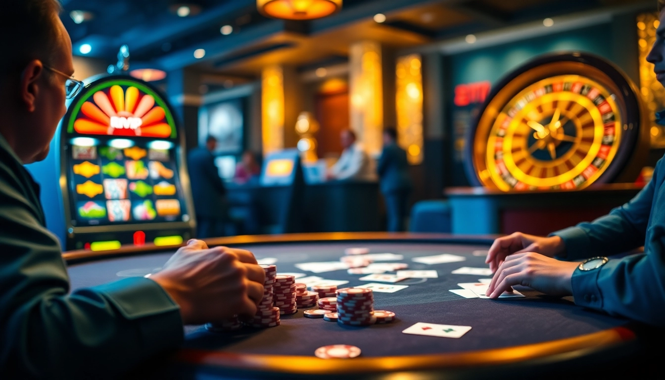 Engaging image of players at a Rikvip poker table, showcasing the excitement of gambling.