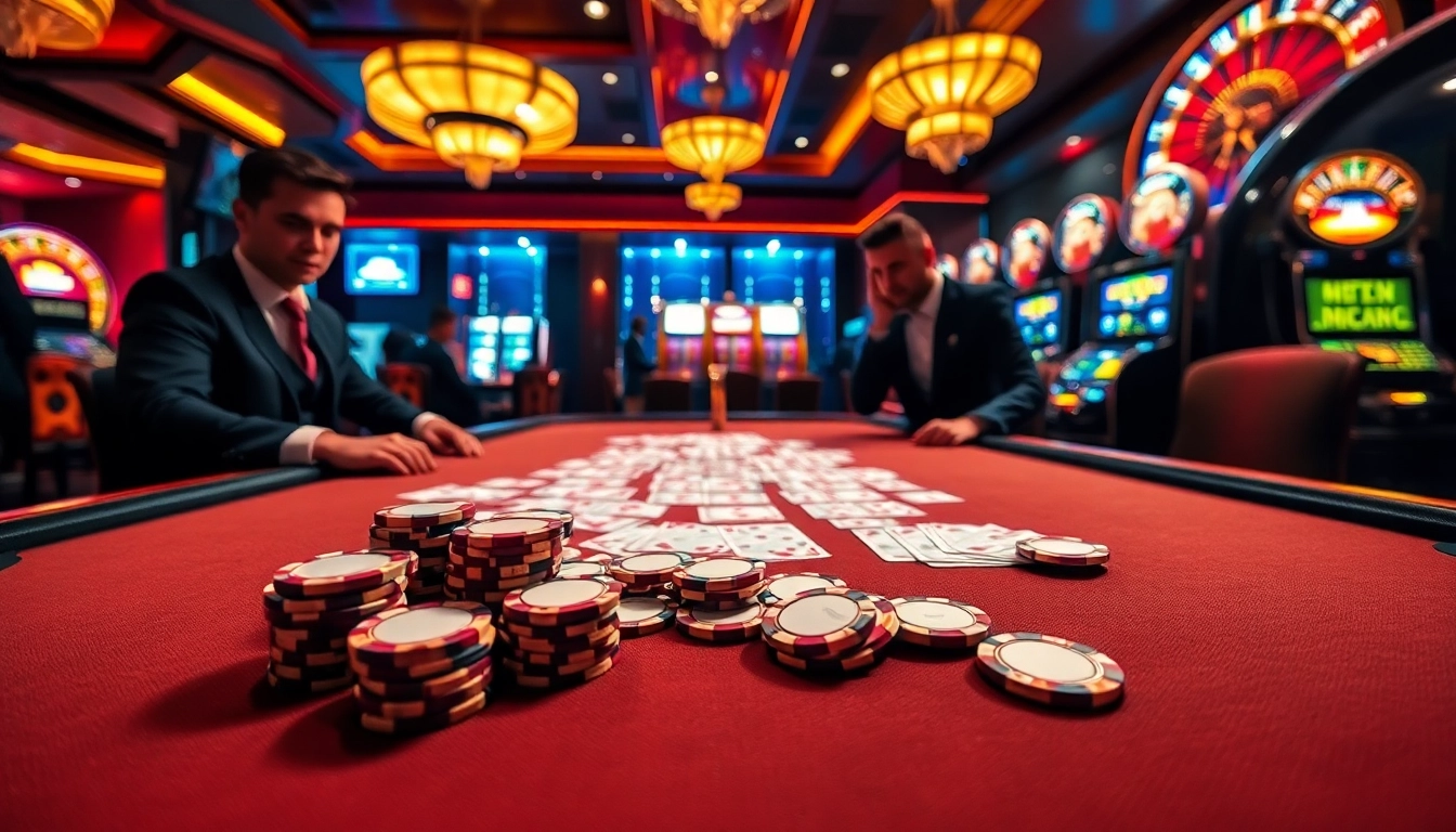 A high-stakes poker game at the casino showcasing pahala4d chips and professional players.