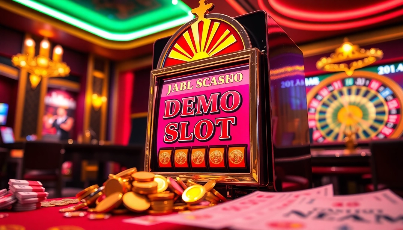 Play demo slot games in an exciting, vibrant casino atmosphere filled with luxury and action.