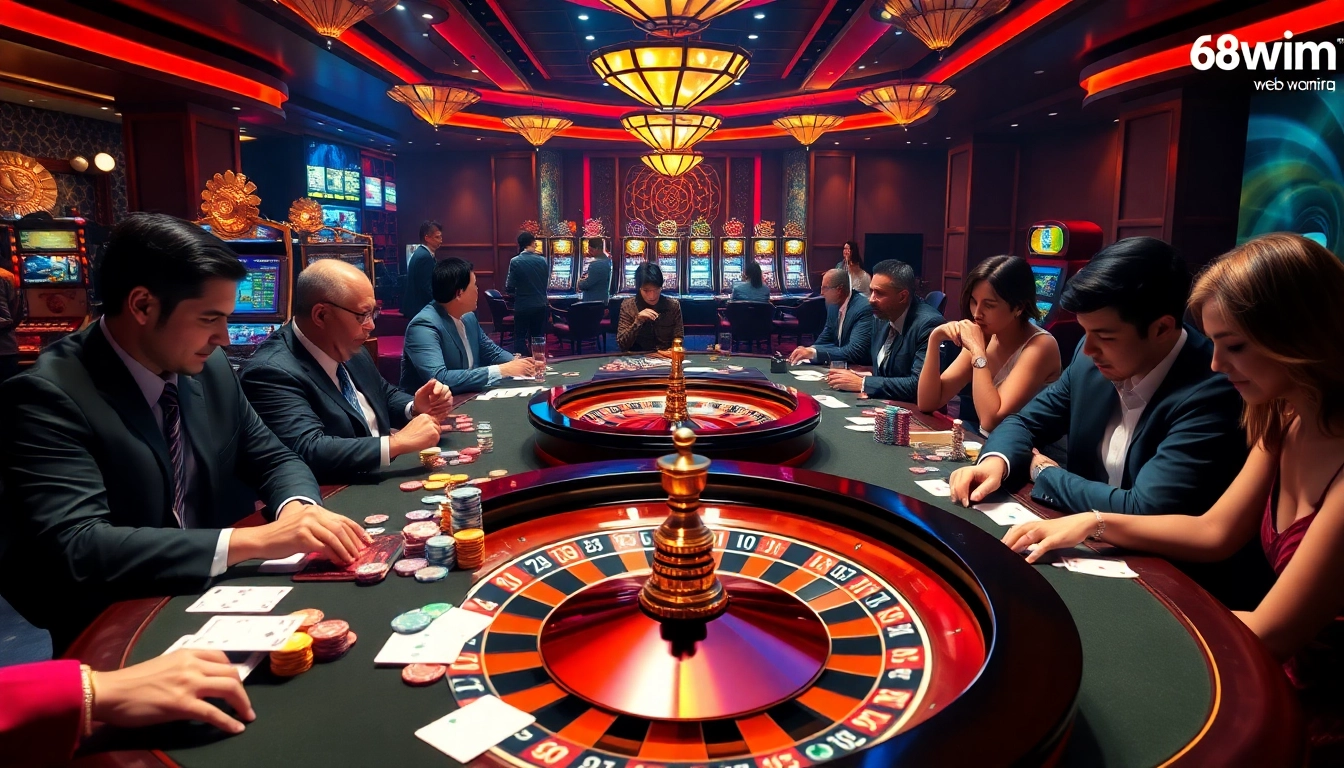 Sophisticated casino scene showcasing the sơ đồ trang web 68win with poker chips, cards, and roulette.