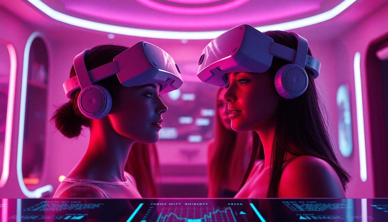 AI chat porn interaction in a futuristic virtual reality setting with digital avatars.