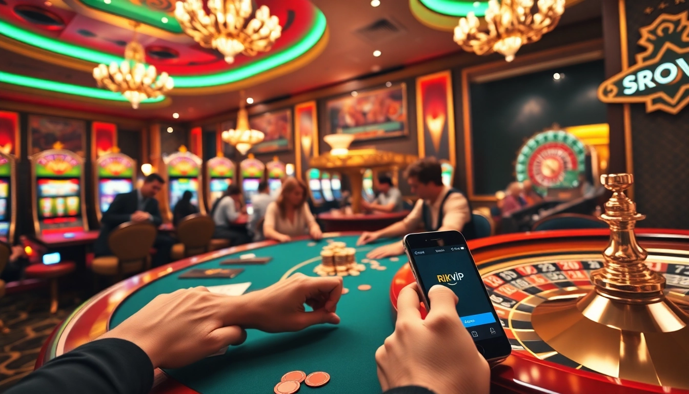 Rikvip players enjoying an immersive casino experience with poker chips and slot machines.