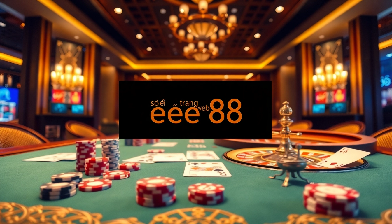 Engaging casino scene displaying sơ đồ trang web ee88 with vibrant poker chips and roulette wheels.