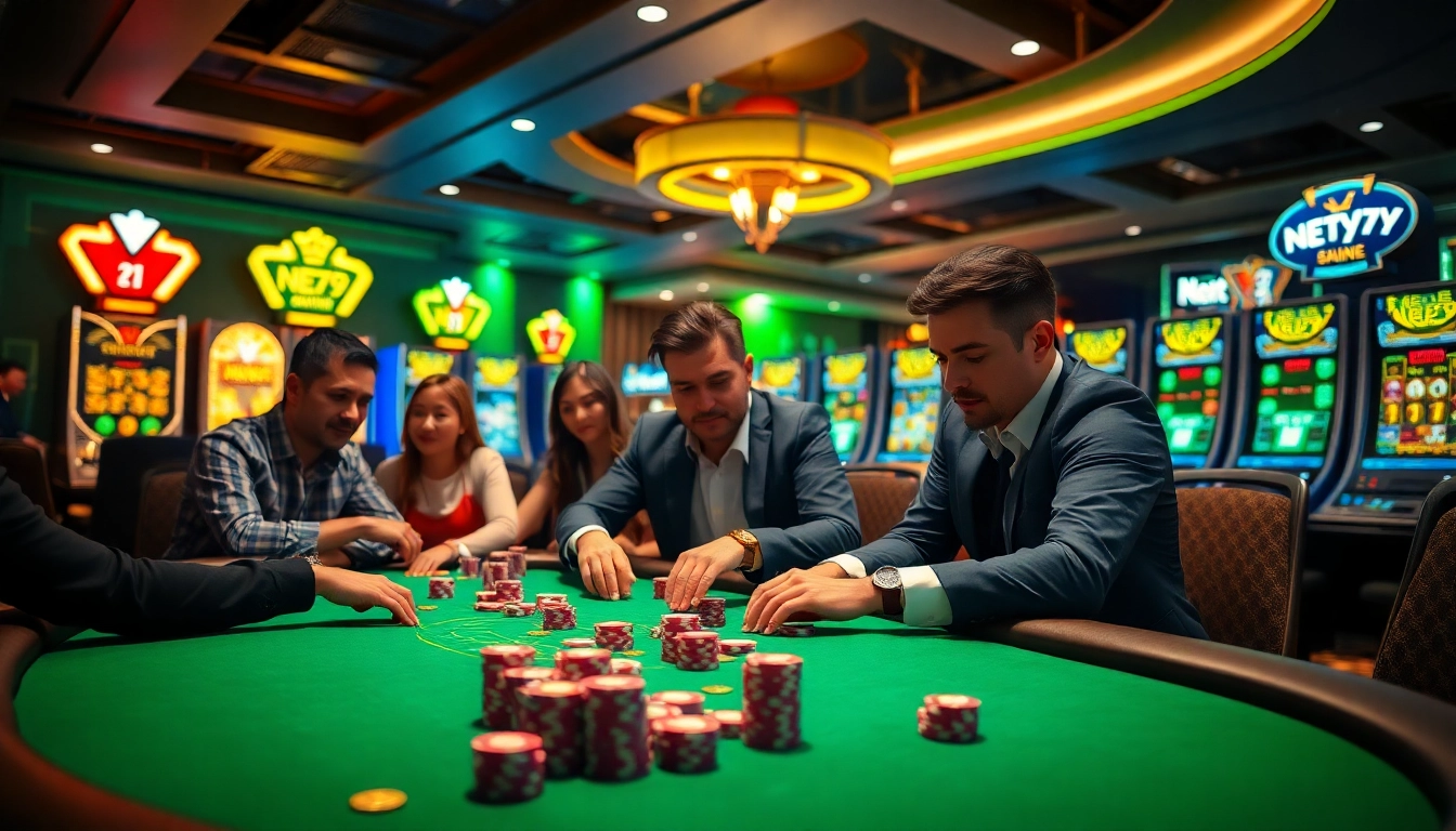 Players enjoying a thrilling poker game at NEO79 casino with vibrant chips and sleek slot machines.