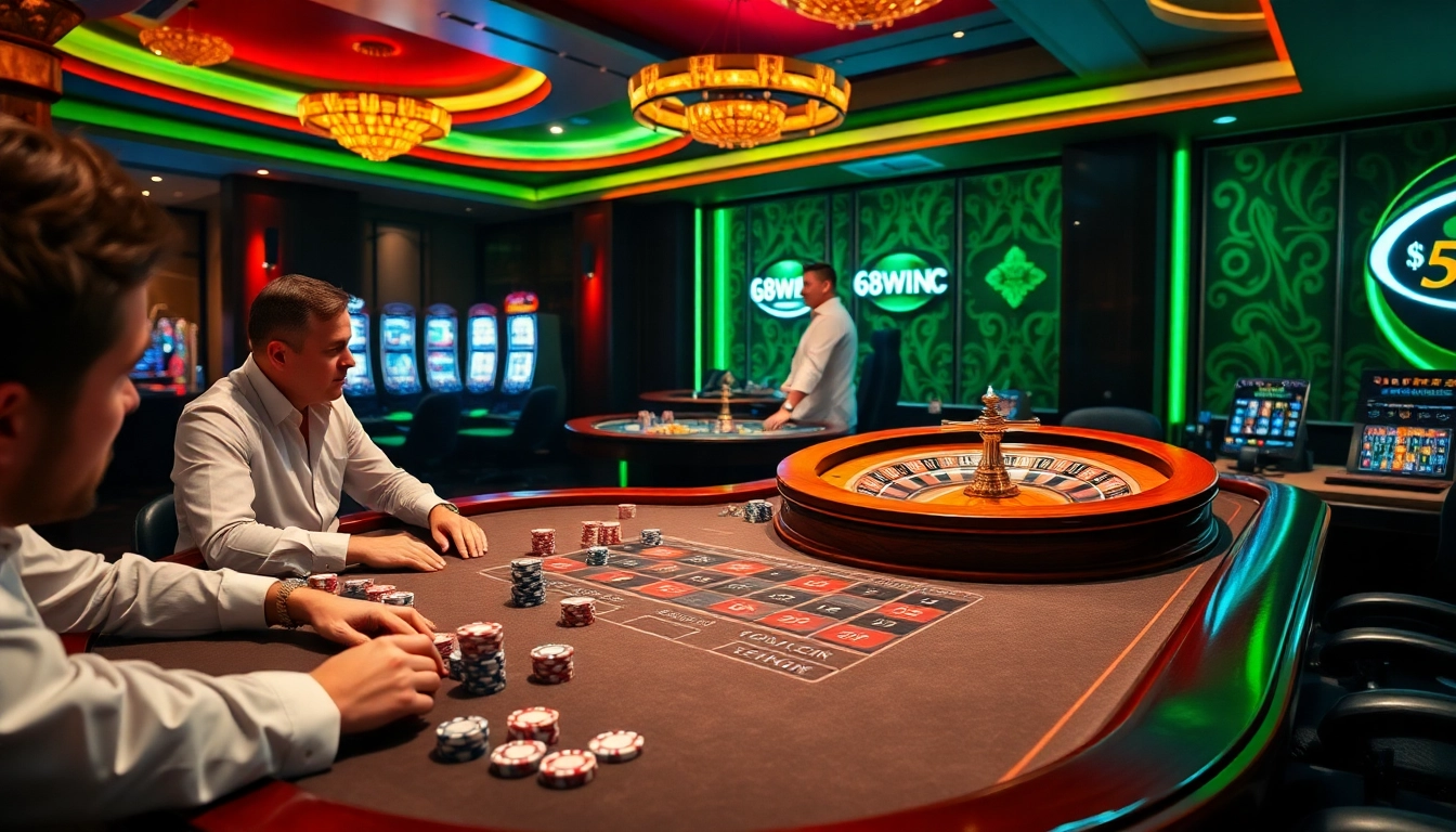 Experience the thrill of 58WIN with players engaging at a luxurious poker table in a vibrant casino.