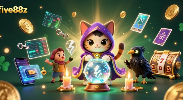 Engage in thrilling action at five88z with a mystical cat and raven under a vibrant casino backdrop.
