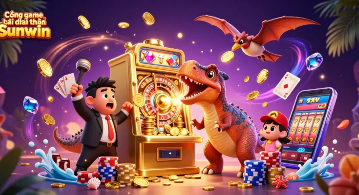 Cổng game bài đổi thưởng Sunwin features a cartoon dinosaur hitting a golden slot machine among cascading coins.