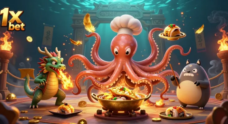 Engage with the exciting 1x bet gaming scene featuring a lively octopus chef and dragon companion.