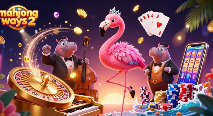 Play mahjong ways 2 with stunning visuals of flamingo and hippo in vibrant casino scene.