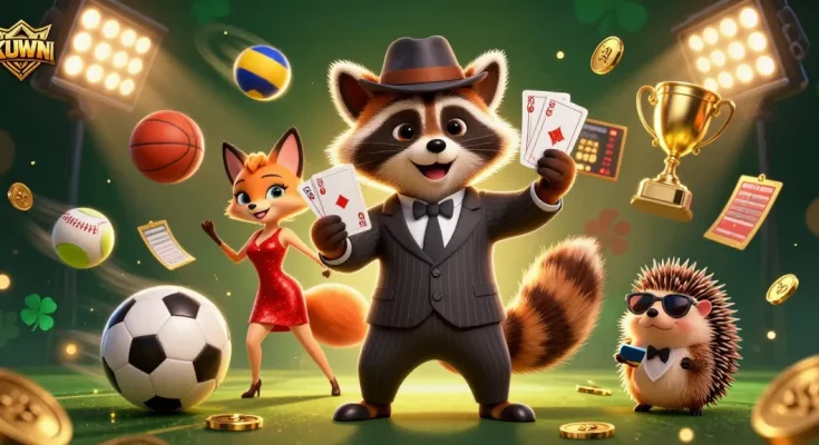 Bet big with KUWIN at this engaging casino scene featuring vibrant characters and dynamic game elements.