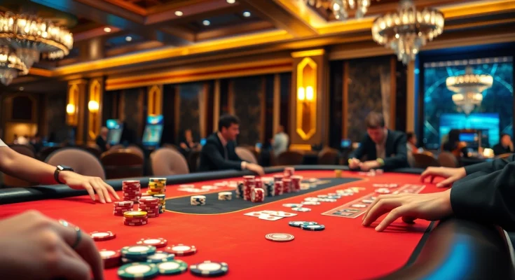 5777 bet app-এর রঙিন চিপ এবং কার্ড সহ ক্যাসিনো পরিবেশের একটি ছবি।