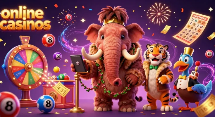 Engaging illustration depicting online casinos with a woolly mammoth bouncer, saber-tooth VIP, and vibrant lottery elements.