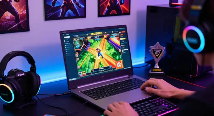 Engaging Slot7000 platform scene showcasing vibrant gameplay on a sleek gaming laptop, capturing a dynamic gaming atmosphere.
