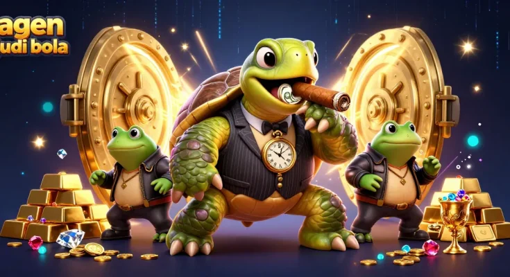Experience the thrill of agen judi bola with lively casino characters in a rich 3D illustration.