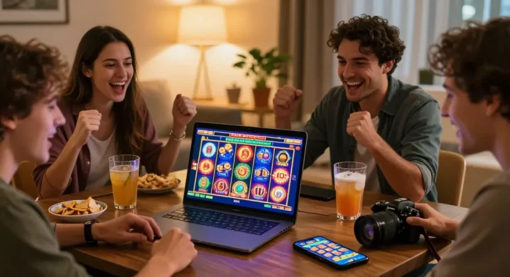 Suasana bermain link slot gacor dengan teman-teman di rumah, menampilkan kegembiraan dan interaksi.