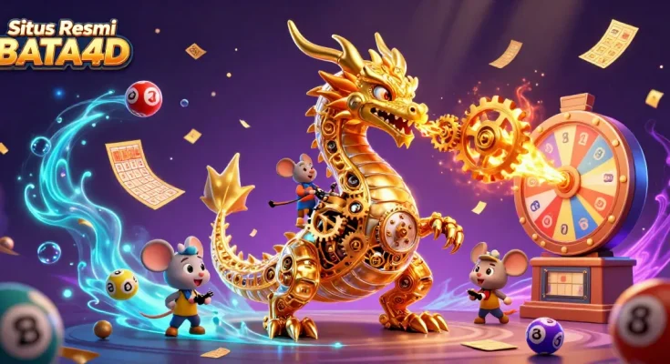 Situs Resmi BATA4D menghadirkan ilustrasi menarik dengan naga emas dan elemen kasino yang beragam.