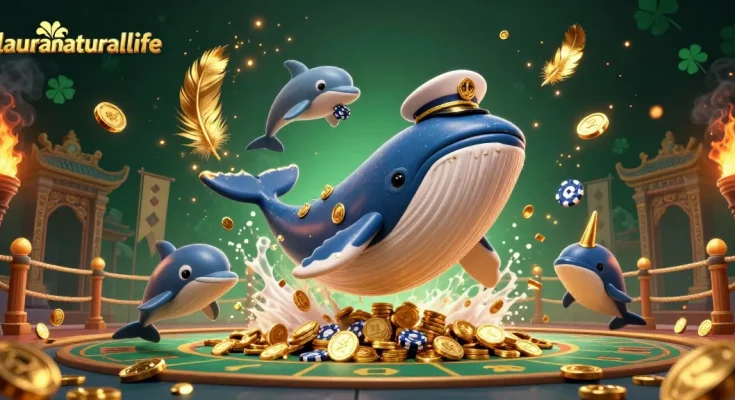 Melihat laurasnaturallife dalam aksi penuh warna di dunia perjudian yang menarik dengan ikan paus kartun, narwhal, dan lumba-lumba.
