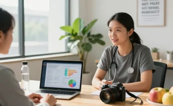 Lingkungan pelatihan kesehatan profesional dengan pelatih dan klien, menampilkan halte4d dan motivasi.