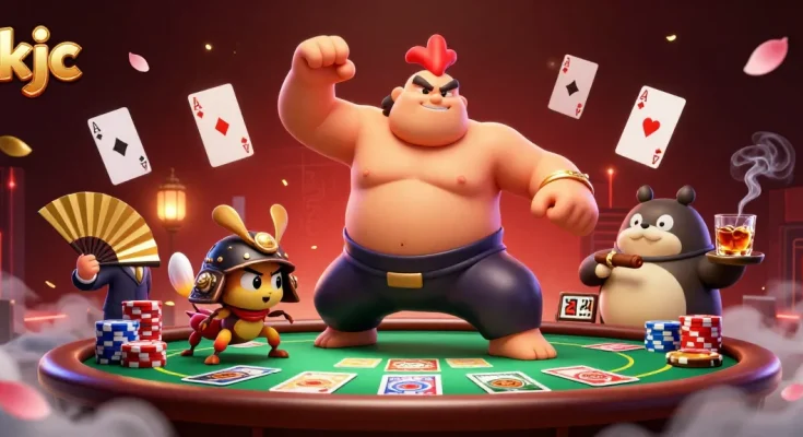KJC players enjoying a dynamic poker game with colorful chips and characters showcasing high-stakes action.