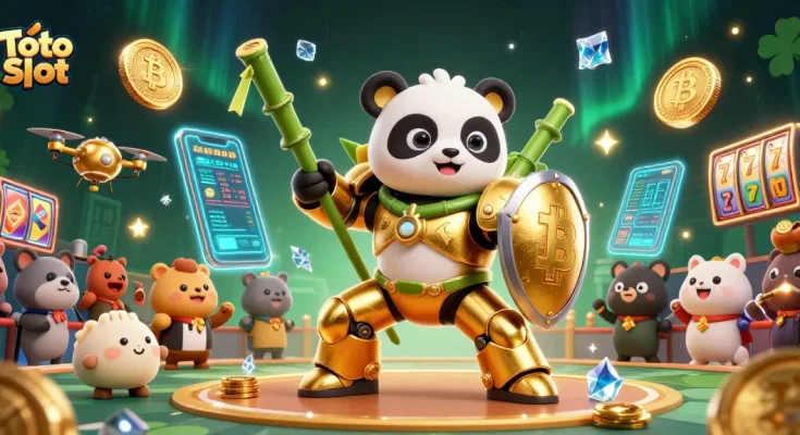 Putar Toto Slot dalam suasana kasino modern dengan panda keemasan dan robot bambu.