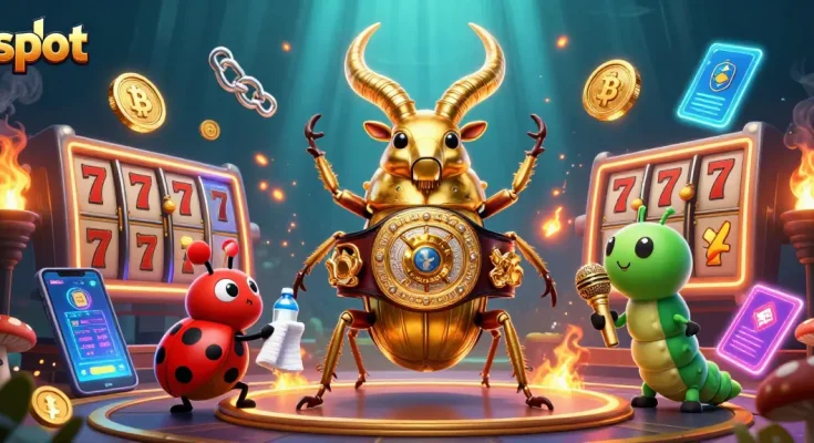 Experience thrilling slot action with a golden stag beetle champion in a vibrant casino illustration.